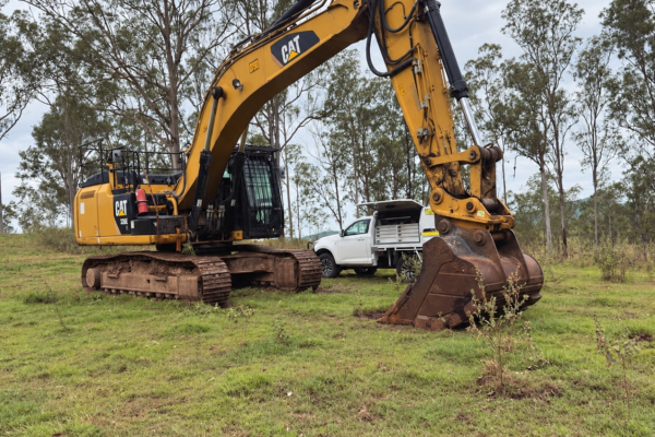 Earthmoving machine in the workshop